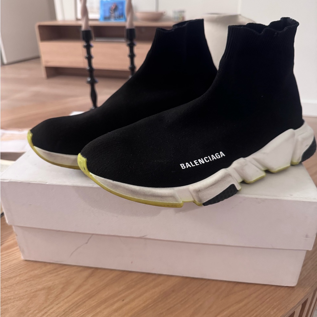Balenciaga Black Knit Speed Trainer With White & Yellow Sole Accents .